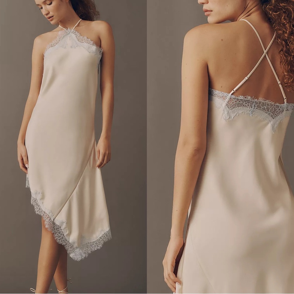 Anthropologie Asymmetric Halter Elegant Cream Lace Trim Slip Dress
